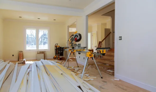 Interior space mid-renovation with tools and timber by Builders Silverdale for premium home renovations