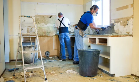 Team working on a full kitchen demolition and rebuild led by Builders Silverdale specialists in kitchen renovations